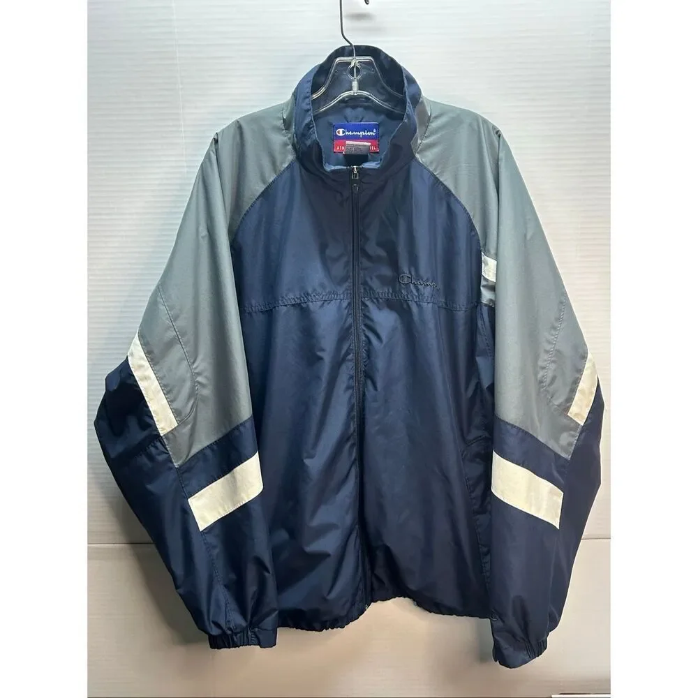 Vintage Champion Windbreaker Men's XL Navy Blue Grey White Stripe Full Zip Y2K A